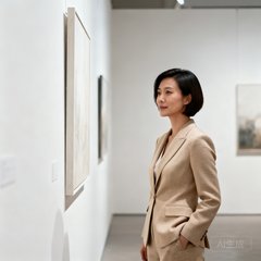 一位留着干练短发的亚洲女性高管侧身照，身着米色高级套装，站在艺术画廊的白色展墙前